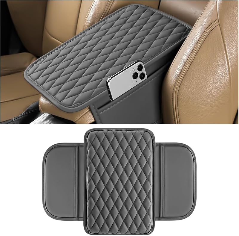 Almofada para apoio de braço automotivo ANFTDCO em couro com bolsos laterais – Cinza-prata