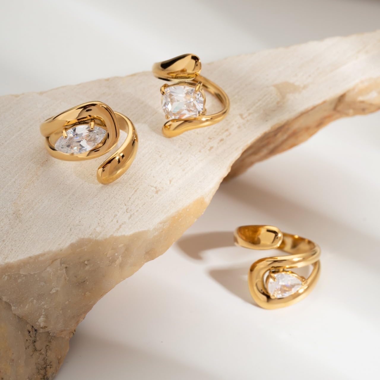 Chunky Thumb Rings For Women, 14k Gold Plated Minimalist Teardrop Cubic Zirconia Open Spiral Wrap Twist Non Tarnish Stainless Steel Statement Jewelry Gift - Image 6