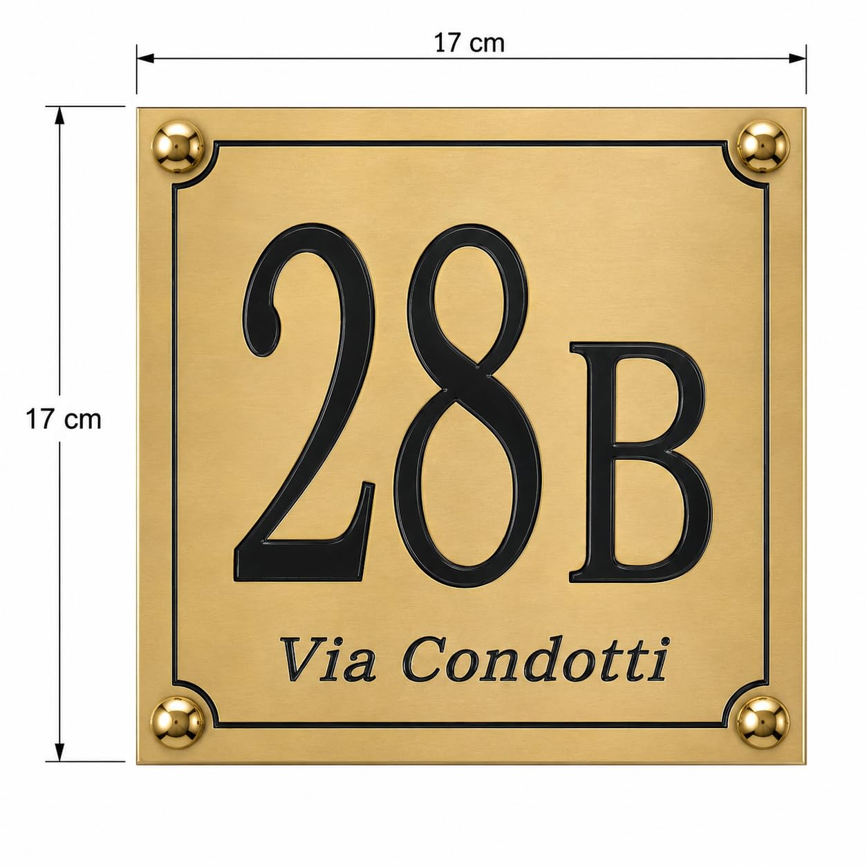 Targa Numero Civico in Ottone Satinato protetto, personalizzabile con indirizzo inciso cm17x17