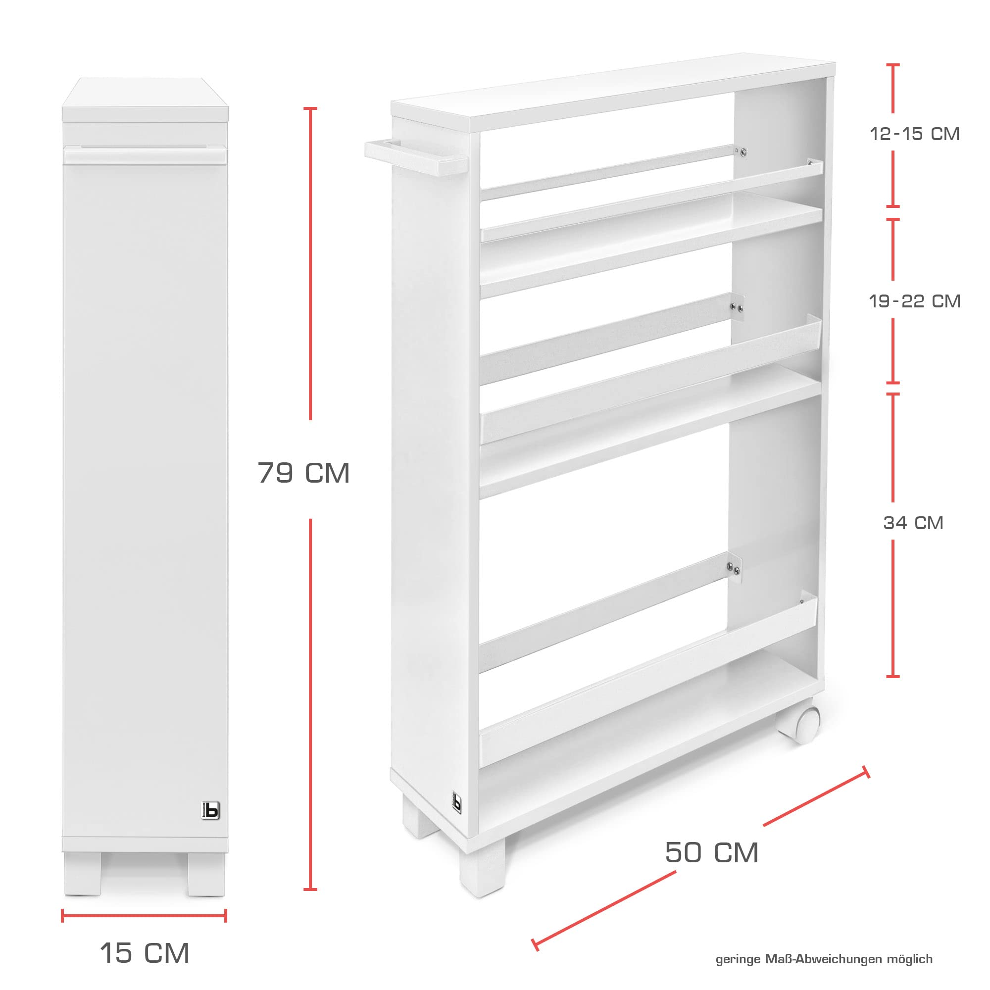 bomoe Nischenregal 15cm breit – Küchenwagen Küchenregal Schmal – Rollwagen Schmal 3 Fächer & Arbeitsplatte – Nischenschrank Küche Bad Büro – Bathroom Cart Nischenwagen Weiß 79x50 cm – Hylla
