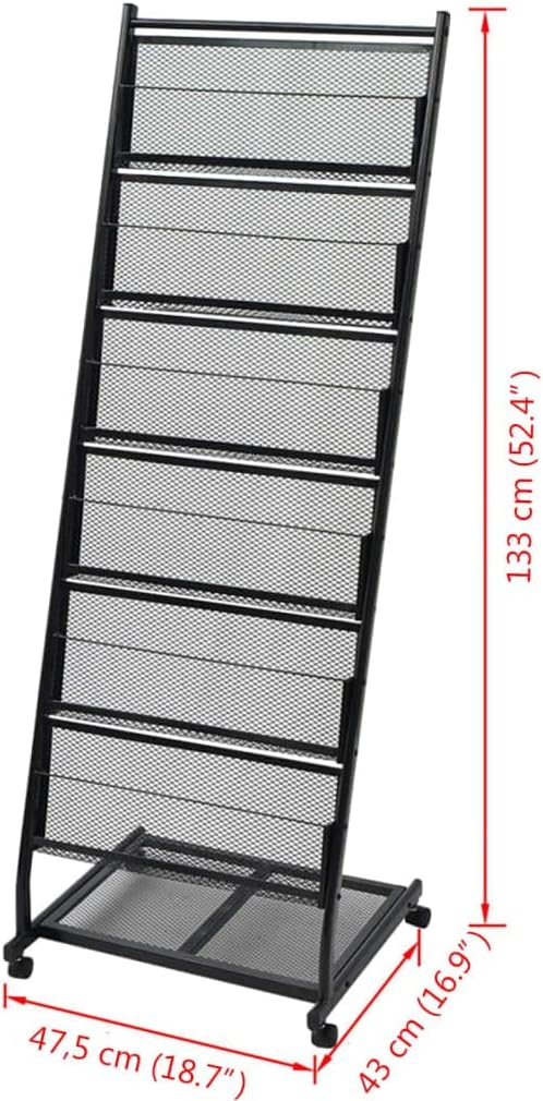 Durable Magazine Rack for Magazines and Brochures, MDF and Steel Magazine Rack with Shelves, Modern Black Steel with Wheels for Office and Living Room