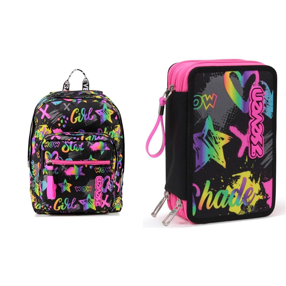 Seven Zaino Scuola Extra Fit, Nero Fantasia, Iridescent, Zaino Doppio Scomparto Super Capiente & Astuccio Scuola 3 Zip, Nero Fucsia, Iridescent