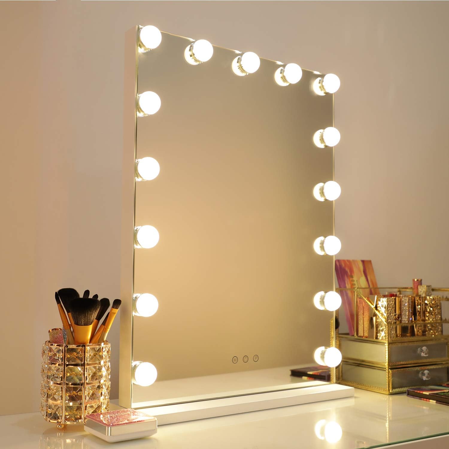 Makeup Mirror with lights, Hollywood Vanity Mirror with Touch Screen Dimmer, USB Charging Port, 3 Color Lighting Modes, White (L16.9 X H22.8 inch) …