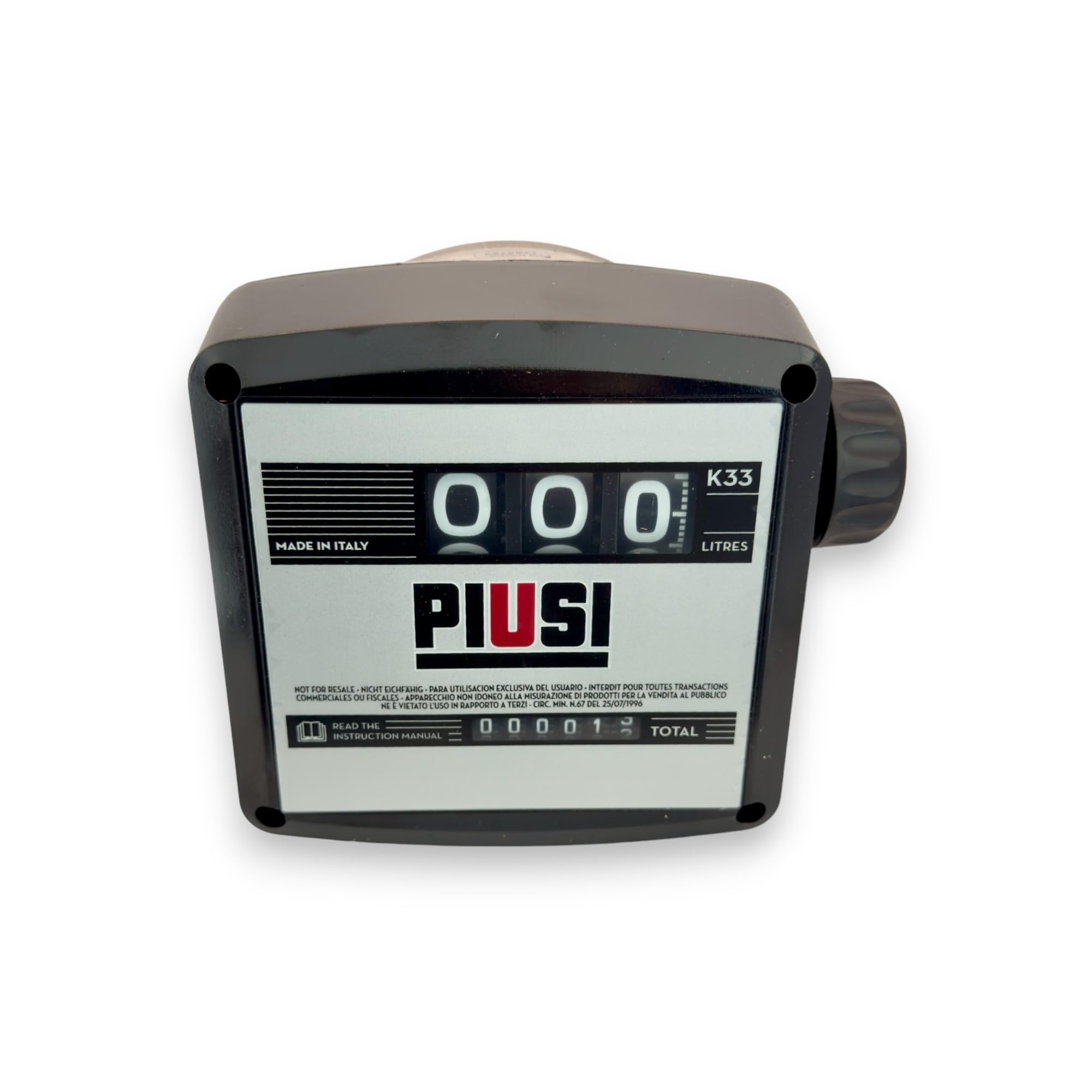 PIUSI Contalitri Meccanico a 3 cifre per Carburante Diesel, Portata Fino a 120 l/min, Attacco 1" BSP, Regolabile in 4 direzioni di Flusso, Contatore Parziale + Totale | K33