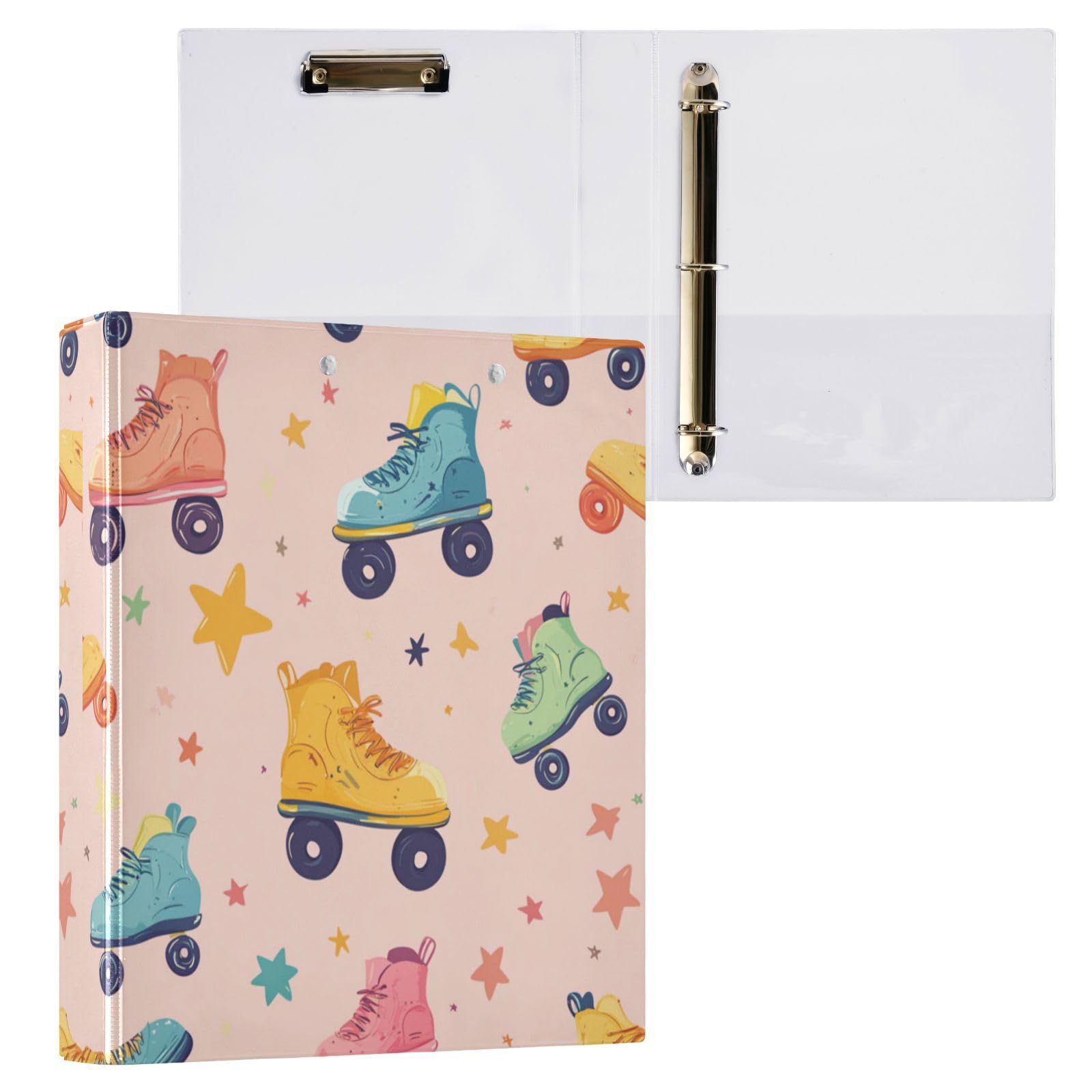 Caikeny 3 Ring Binder Colorful Roller Skate Pattern 1.5 Inch Binders Round Ring Clipboard with 2 Pockets for Office Supplies