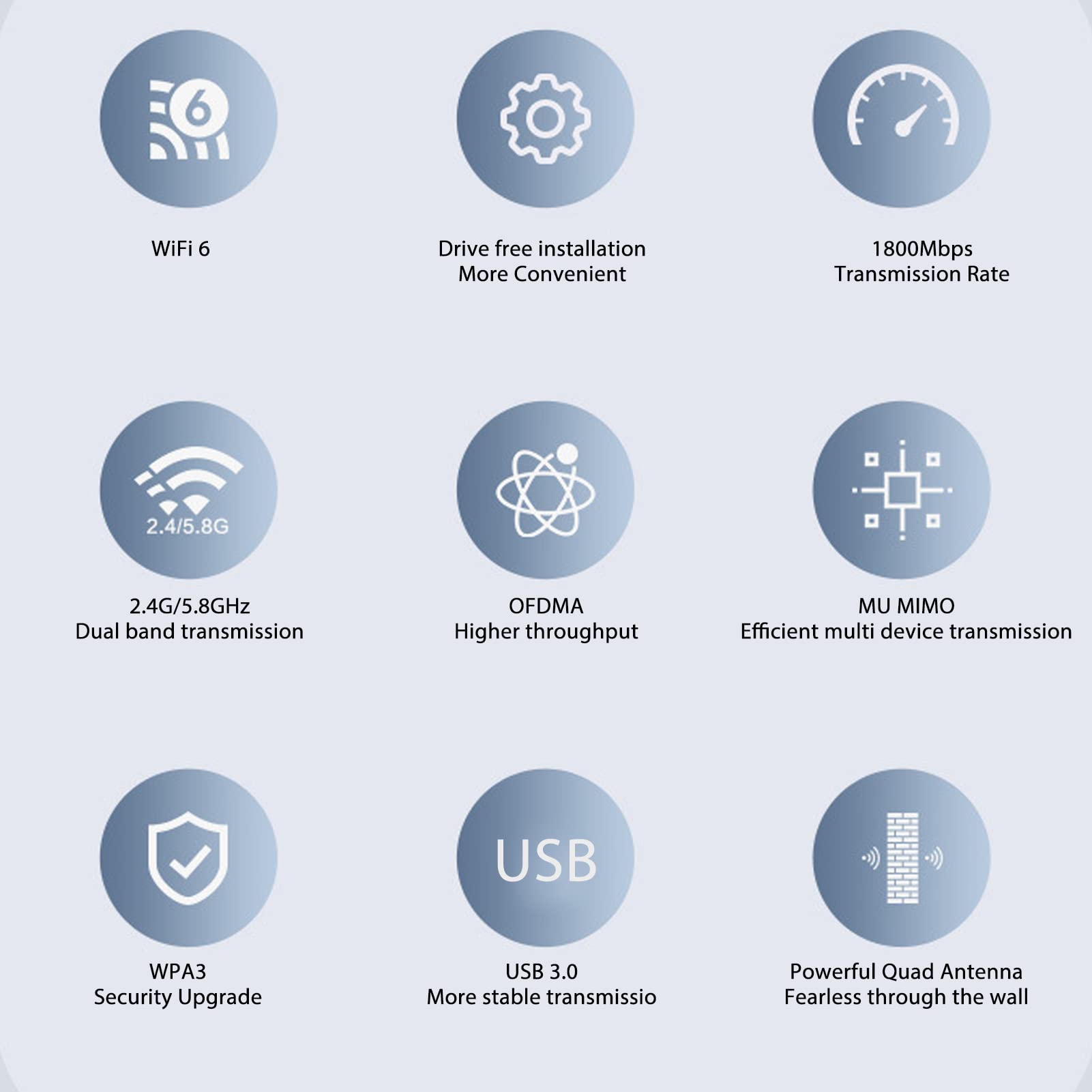Adaptador WiFi, Adaptador de Red Inalámbrica de Alta Penetración 1800Mbps Banda Dual con 4 Antenas para PC de Escritorio