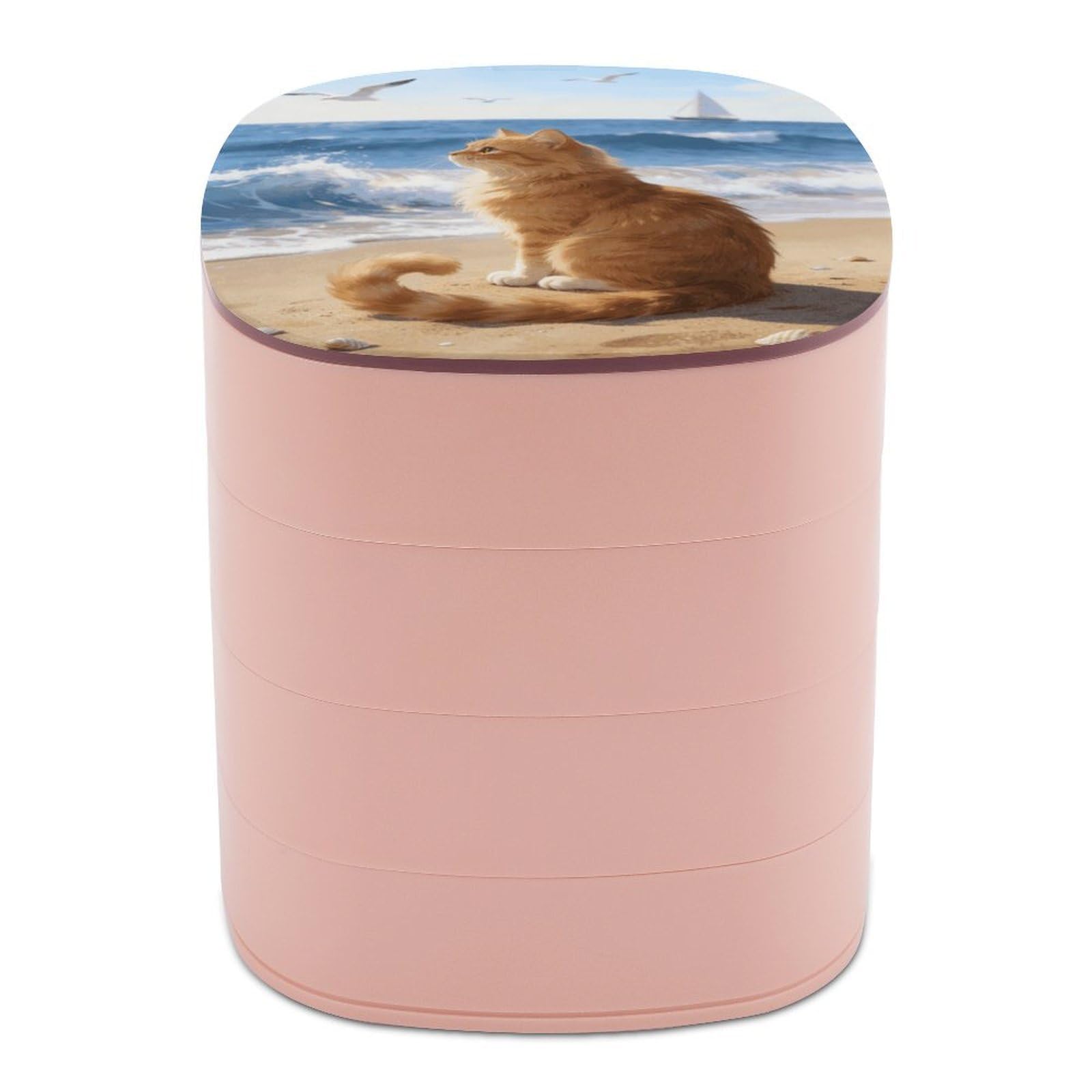LZQPOEAS Wave Sound And Cat Jewelry Box Women Jewelry Organizer Travel Jewelry Case Cute Necklace Ring Storage Organizer 4-Layer Rotating Jewelry Tray Case with Mirror for Bracelets