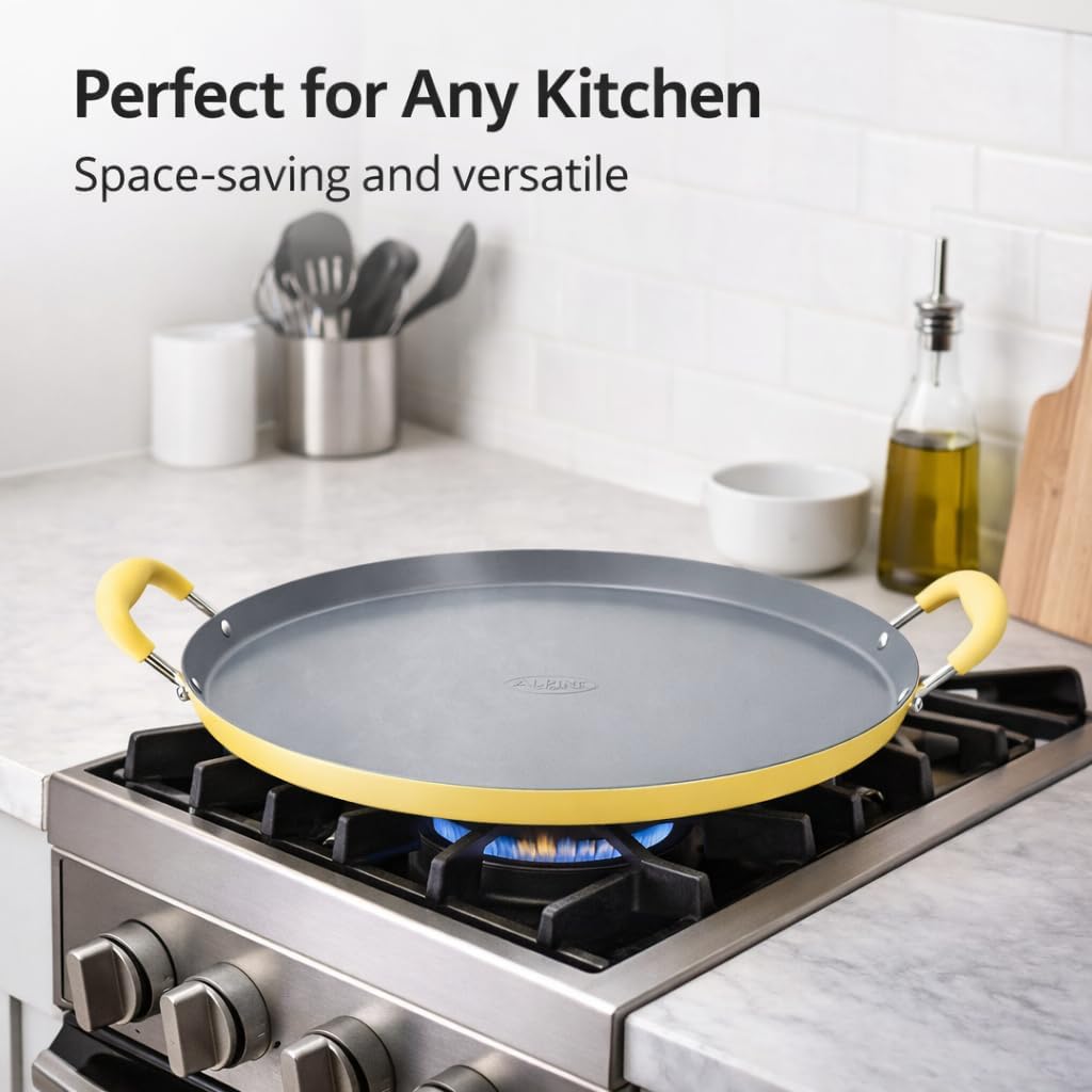 Alpine Cuisine 14-Inch Round Comal Griddle Pan, Ceramic Nonstick Carbon Steel for Tortillas & Crepes, Matte Gray with Lemon Drop Yellow Handles