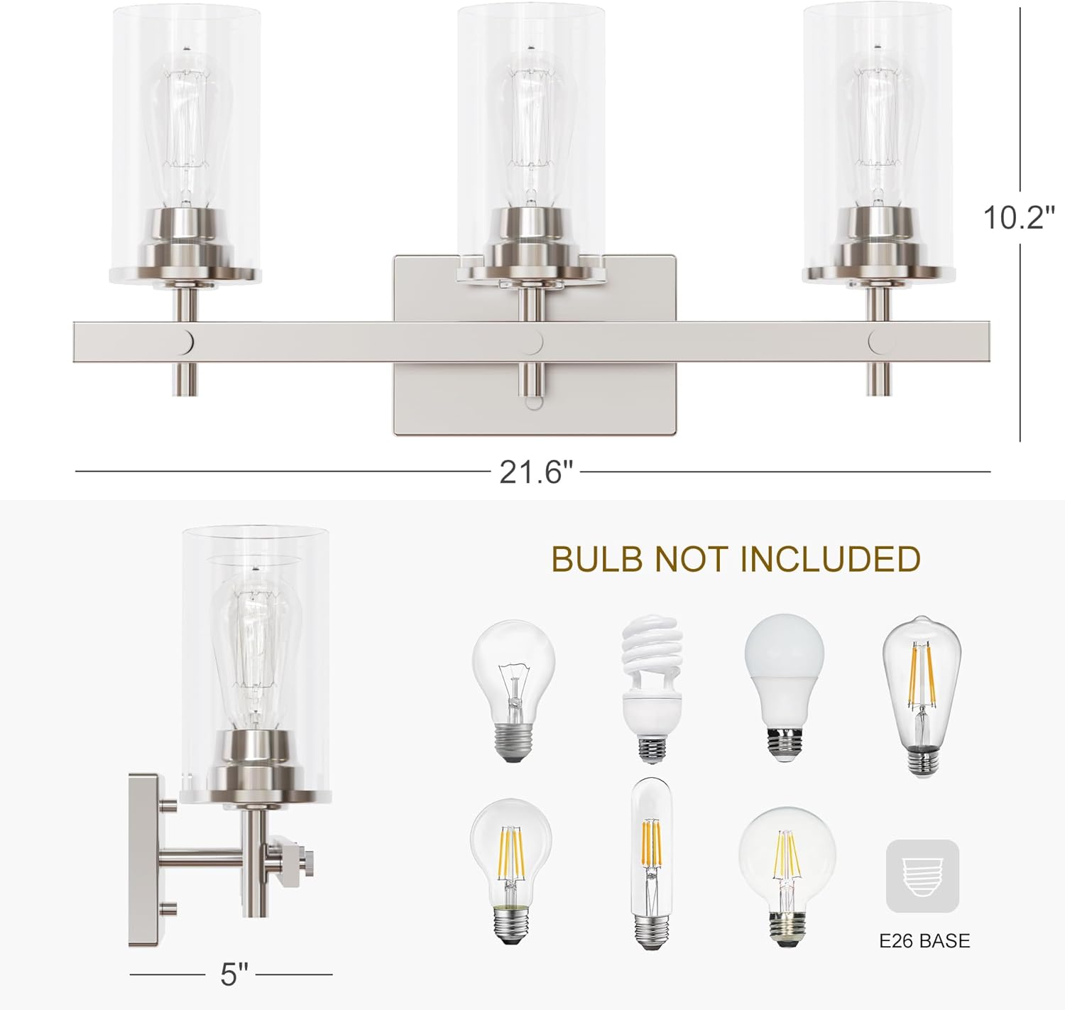 Tawson Hos Modern Farmhouse 3-Light Vanity Light with Clear Glass Shade in Brushed Nickel for Bathroom, Hallway, Entryway, Kitchen, Mirror, Laundry Room