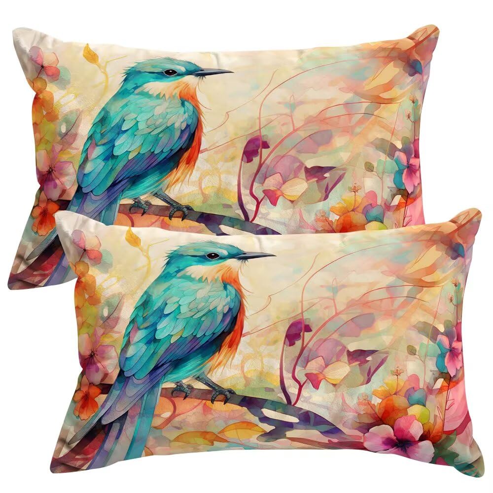 Set of 2 Velvet Cushion Covers 30x50 cm Retro Cushions Covers Decorative Throw Pillow Case Hummingbird Sofa Pillows 12x20 Inch Cushion Cover with Invisible Zipper for Livingroom Couch Bedroom -SC361