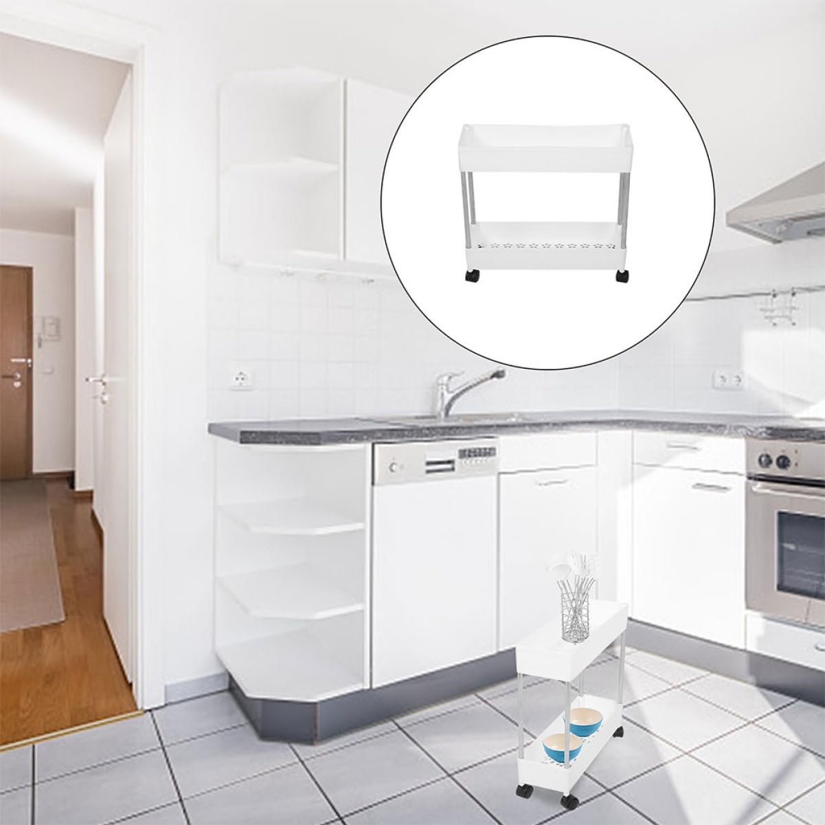 Carrello Portatutto a 3 Livelli Ruote, Struttura in Plastica e Ferro, Salvaspazio per Cucina e Bagno, Bianco