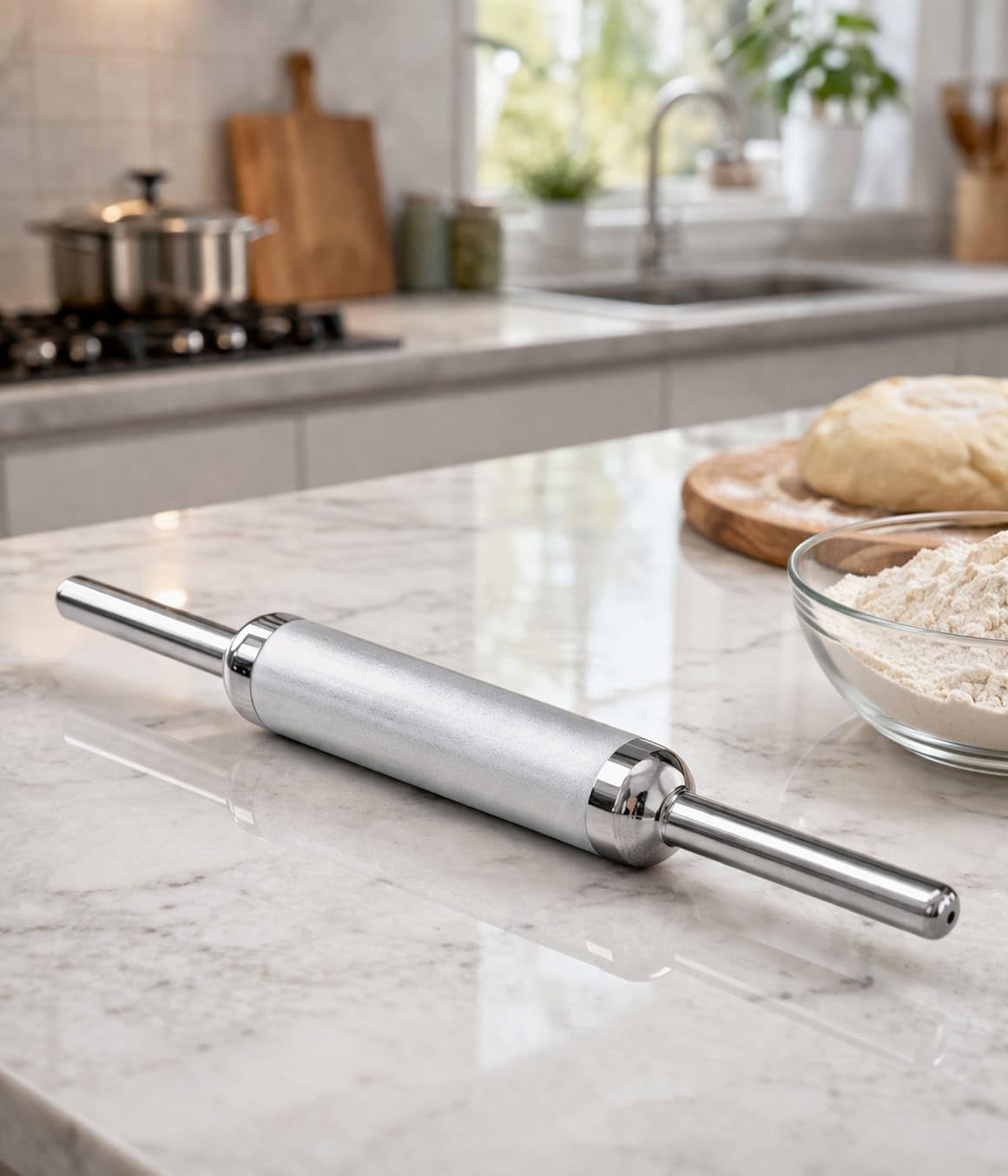 Stainless Steel Rolling Pin for Chapati, Paratha Roti, Pizza Dough adn Pastry Solid Steel Belan with Polished Finish, Heavy Duty, Dishwasher Safe, Rustproof and Easy to Clean-image-3