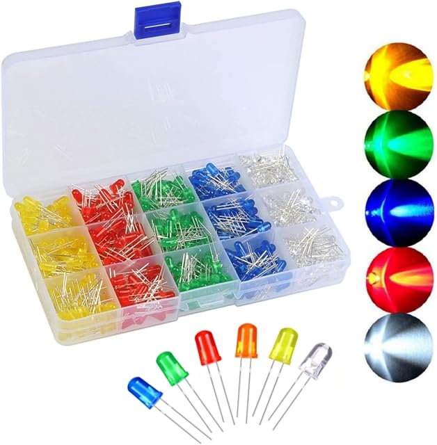 300pcs 3mm 5mm LED Light Emitting Diode Assortment Kit, Red Blue Yellow Green White Round LED Lighting Bulb Lamp Components for Electronics, Science Project Experiment, Christmas tree decoration