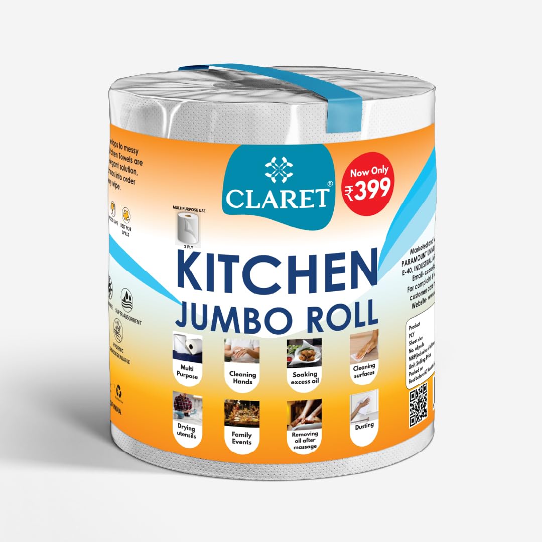 Claret Kitchen Jumbo Towel Tissue Paper Roll Napkin 300 Pulls Each Roll | Soft & Highly Absorbent | 100% Natural | 2 Ply | Pack of 1 Roll | Ideal For Cleaning Kitchen Accesssories Microwave & OTG