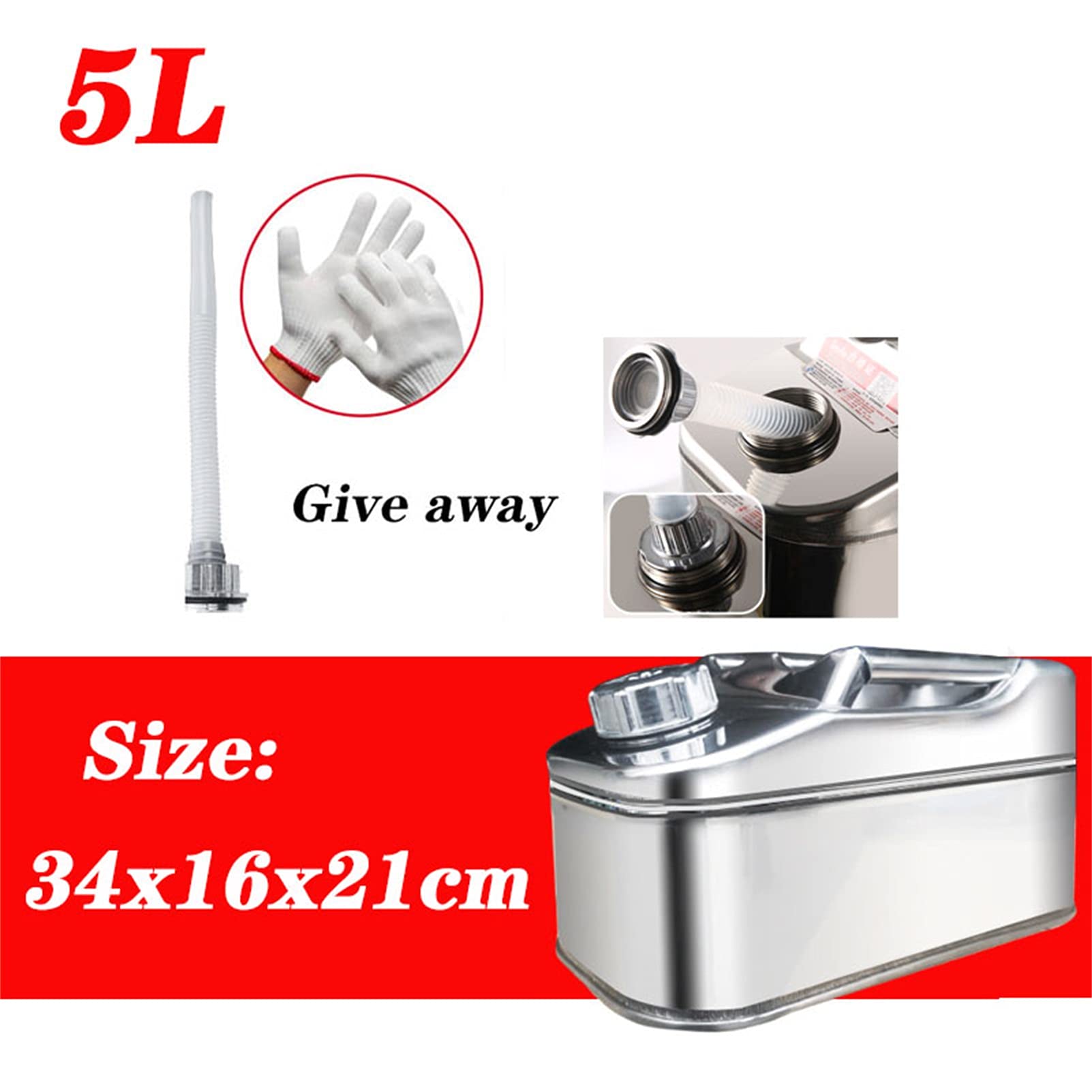 CGF- Taniche Carburante Serbatoio Carburante di scorta in Acciaio Inox da 5 l, 10 l Orizzontale con beccuccio Flessibile per Auto Piccola imbarcazione, Spessore Parete barilotto 1 mm, Argento