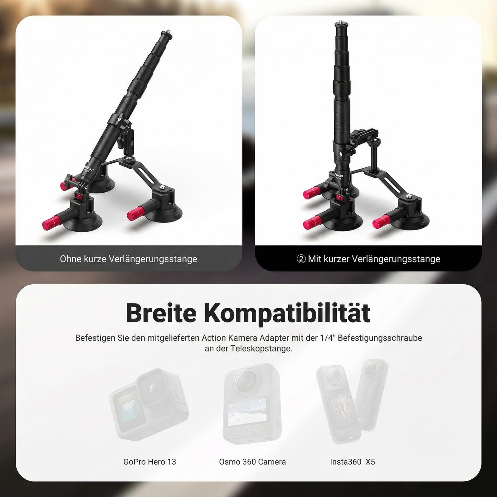 NEEWER Dreifach Saugnapf Autohalterung kompatibel mit Insta360 X5 X4 GoPro DJI OSMO 360 Kameras, Schnellverschluss Windschutzscheibe Magic Arm Halterung, 2 in 1 Verlängerungsstange/Selfie Stick, CA065