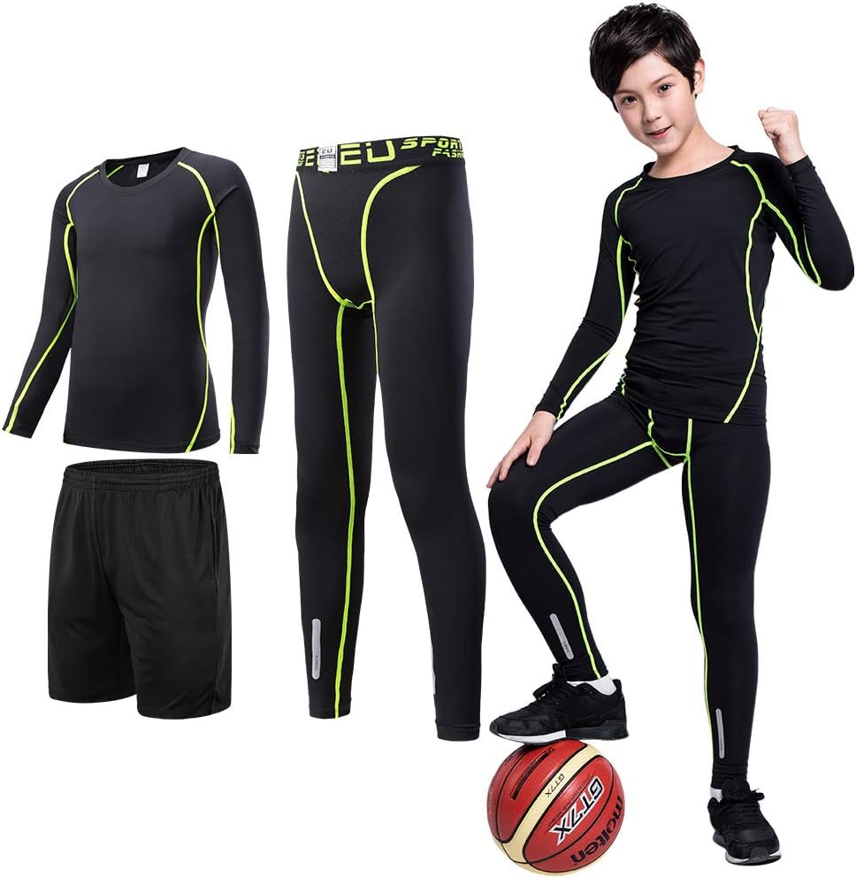 2/3/4 Pcs Boys Girls Base Layer Athletic Compression Leggings and Shirts Thermal Underwear Set Running Pants Tights