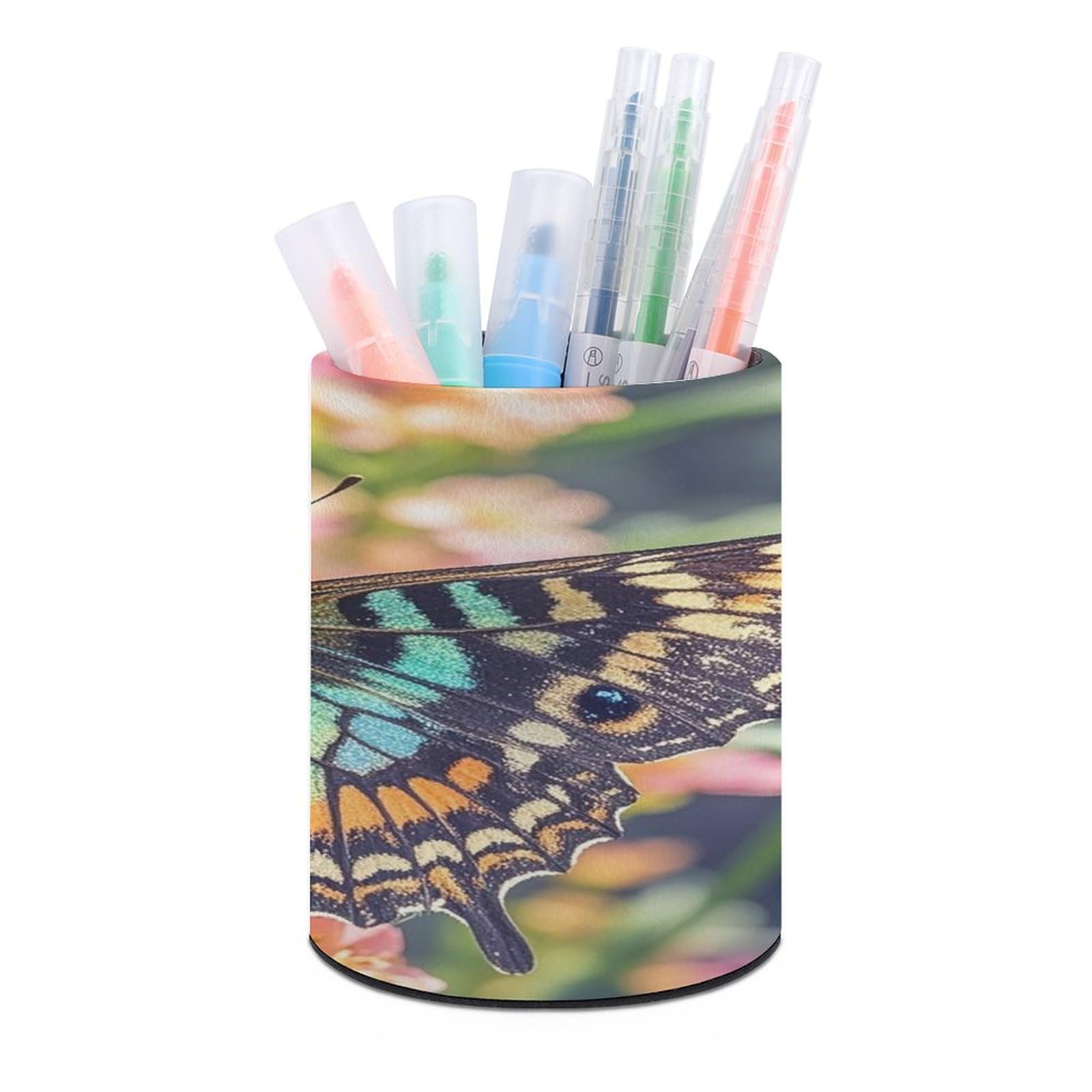 FekiLoot Round Butterfly Pen Holder for Desk PU Leather Waterproof Pencil Cup Stand Minimalist Makeup Brush Storage Organizer Desktop Stationery Container Accessorires