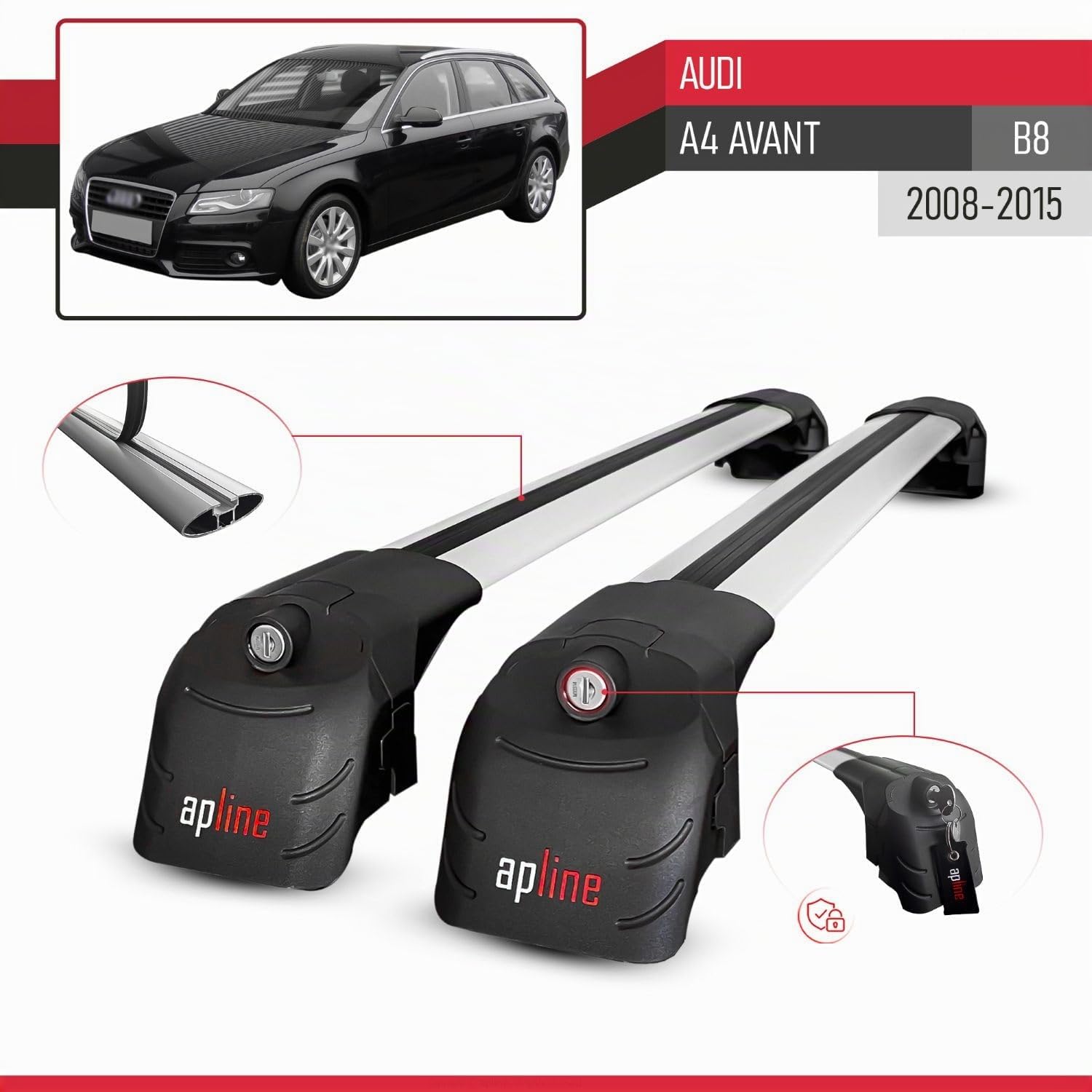 Compatibile con Audi A4 (B8) Avant 2008-2015 Modello ACE-2 Barre Tetto Portapacchi Auto Barre Portatutto Grigio Alluminio 2 Barre