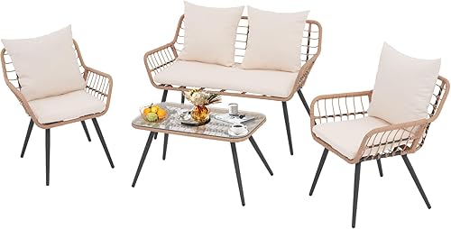 Miniatura 8 de Verano Garden - Juego de muebles de patio de 4 piezas, juego de conversación de patio al aire libre de mimbre para porche, sofá de estilo bohemio y