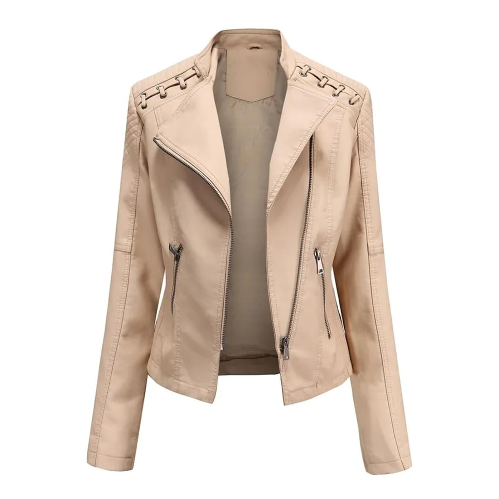 Chaqueta de piel sintética para mujer, con cremallera y cuello de solapa, chaqueta de motociclista con costuras