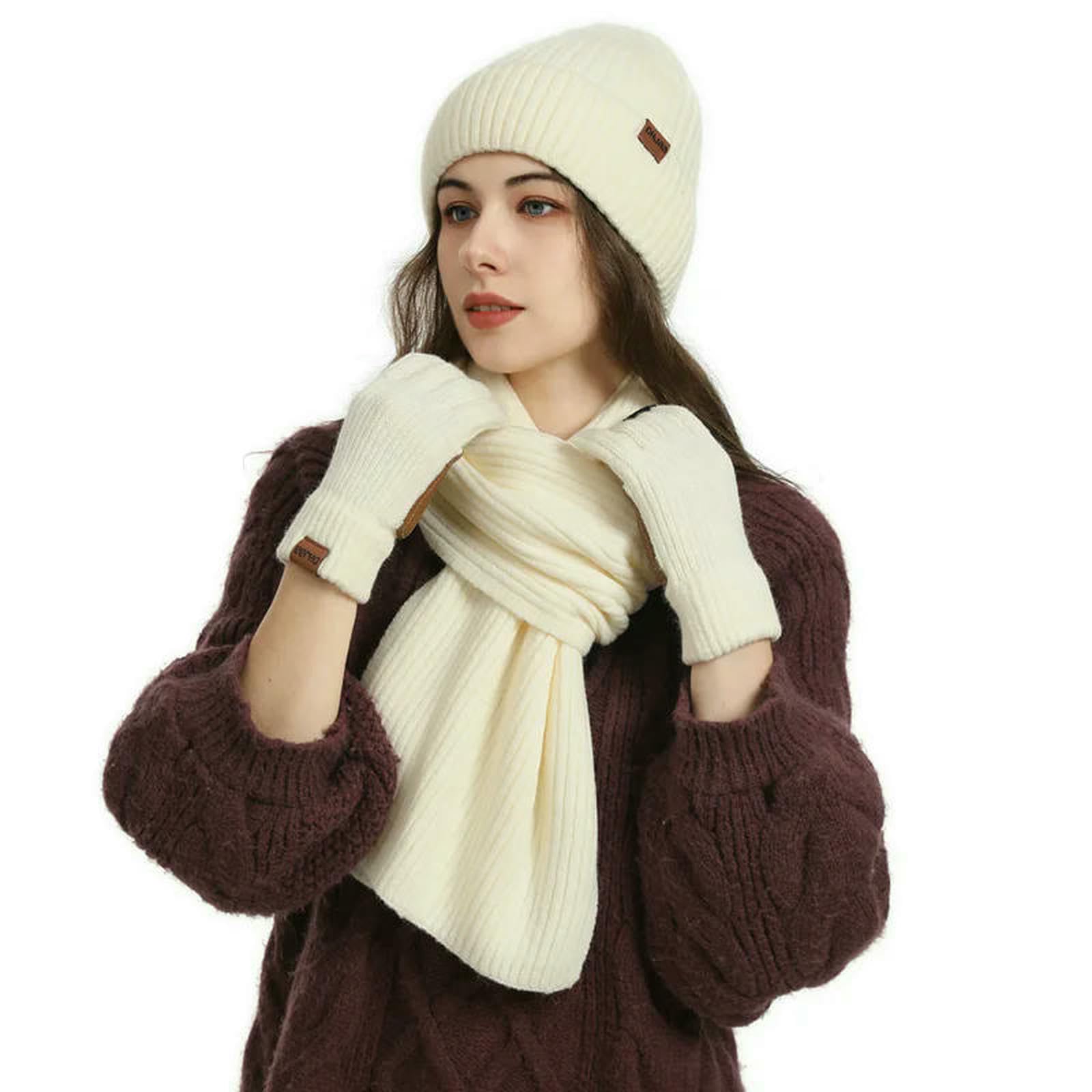 Mütze,Schal & Handschuh-Sets 3 Teile Satz Winter Frauen Beanie Hut Lange Schal Handschuhe Set Warme Gestrickte Für Außerhalb Sport Skifahren Laufen-Burgund-einheitsgröße