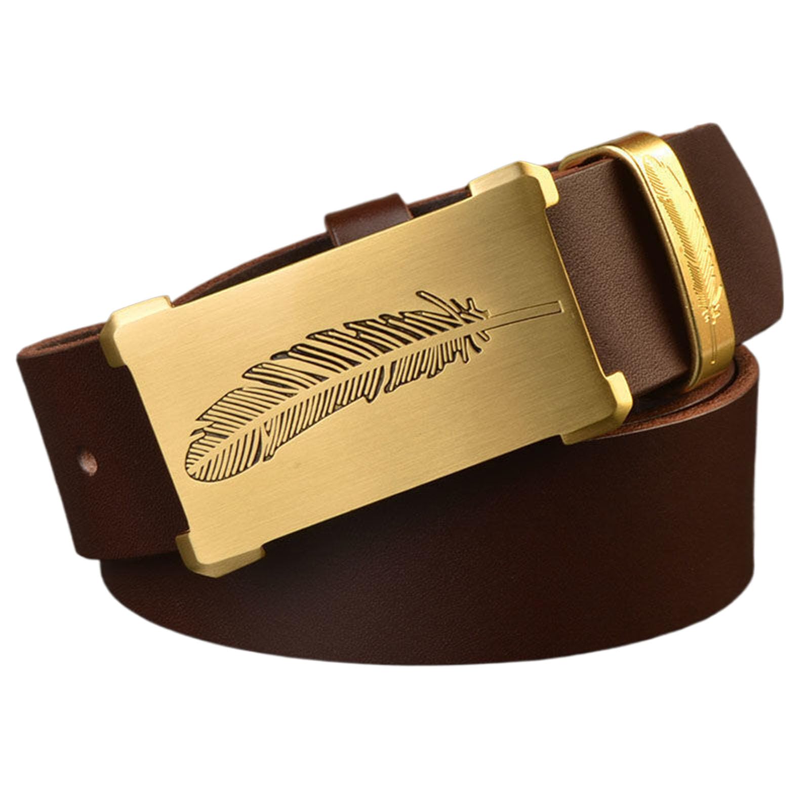 Cintura, cintura da uomo, cinture in pelle da cowboy for uomo con fibbia incisa con motivo a piume Fibbia in metallo dorato in ottone