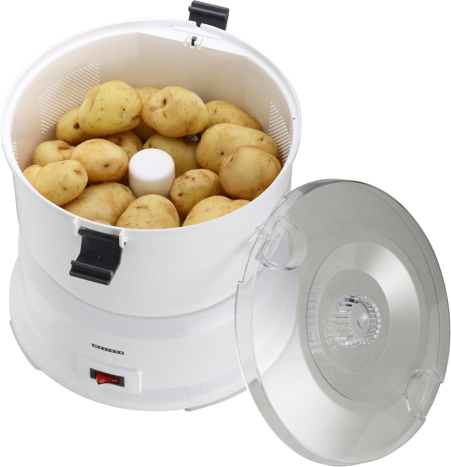 MELISSA 16220008 Pela Patate Elettrico, Pelatore Elettrico - capacità 1 kg, con centrifuga per insalata, 85 Watt, colore - Bianco | Pelapatate con centrifuga per insalata e verdure, capacità 1 kg, 85 Watt, bianco