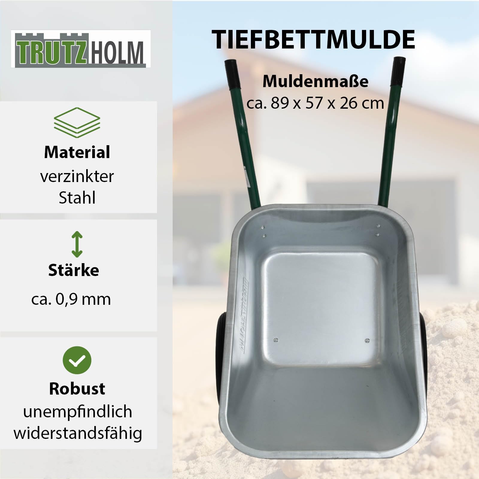 TRUTZHOLM Schubkarre 100 Liter 160 kg Tragkraft verzinkte Stahlwanne leichtlaufende Lufträder auf Stahlfelge Bauschubkarre Gartenschubkarre Schiebkarre 2 Rad Karre Wheelbarrow Silber