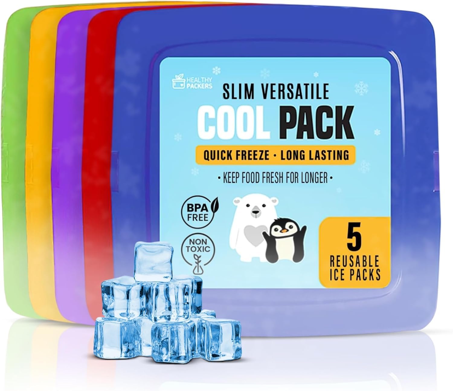 [Nouveau] de froid, FIN et réutilisable Lot de glace pour Lunch Box – congélateur froid Packs pour sac isotherme et boîtes repas – Original Formule longue tenue – (lot de 5), couleur