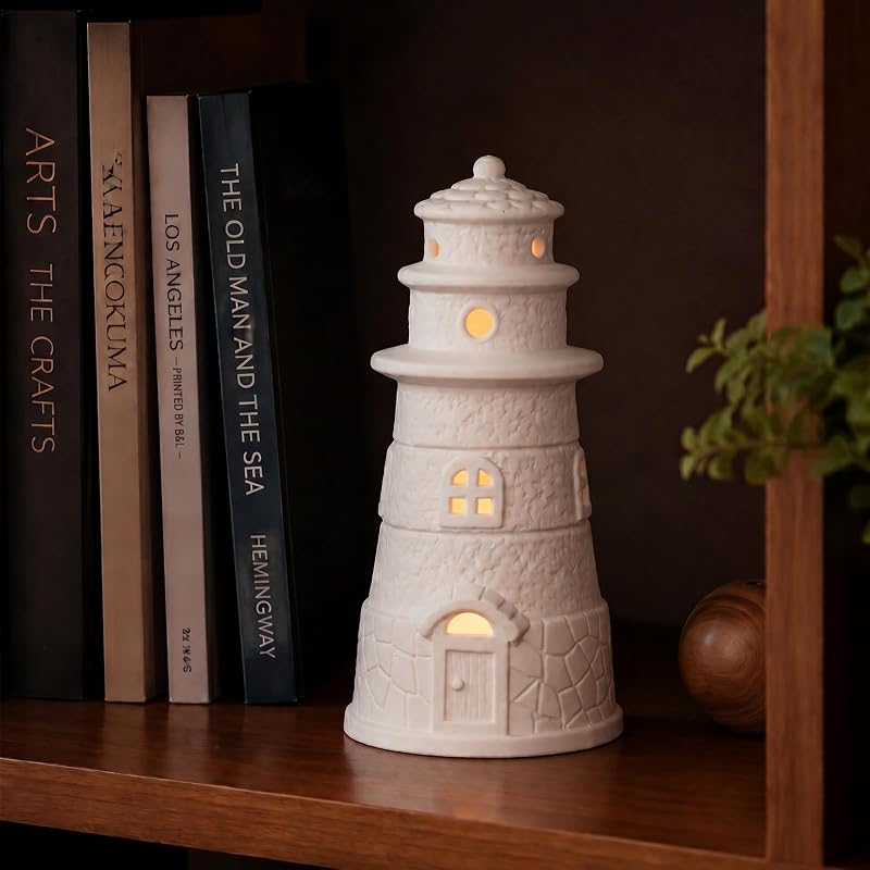 Lighthouse Book Shelf Decor Aesthetic Beach Themed Room Decor 6.3Inch | White Ceramic Lighthouse Statue Lamp, Nautical Coastal Ocean Decoration for Home Bedroom Bathroom Living Room
