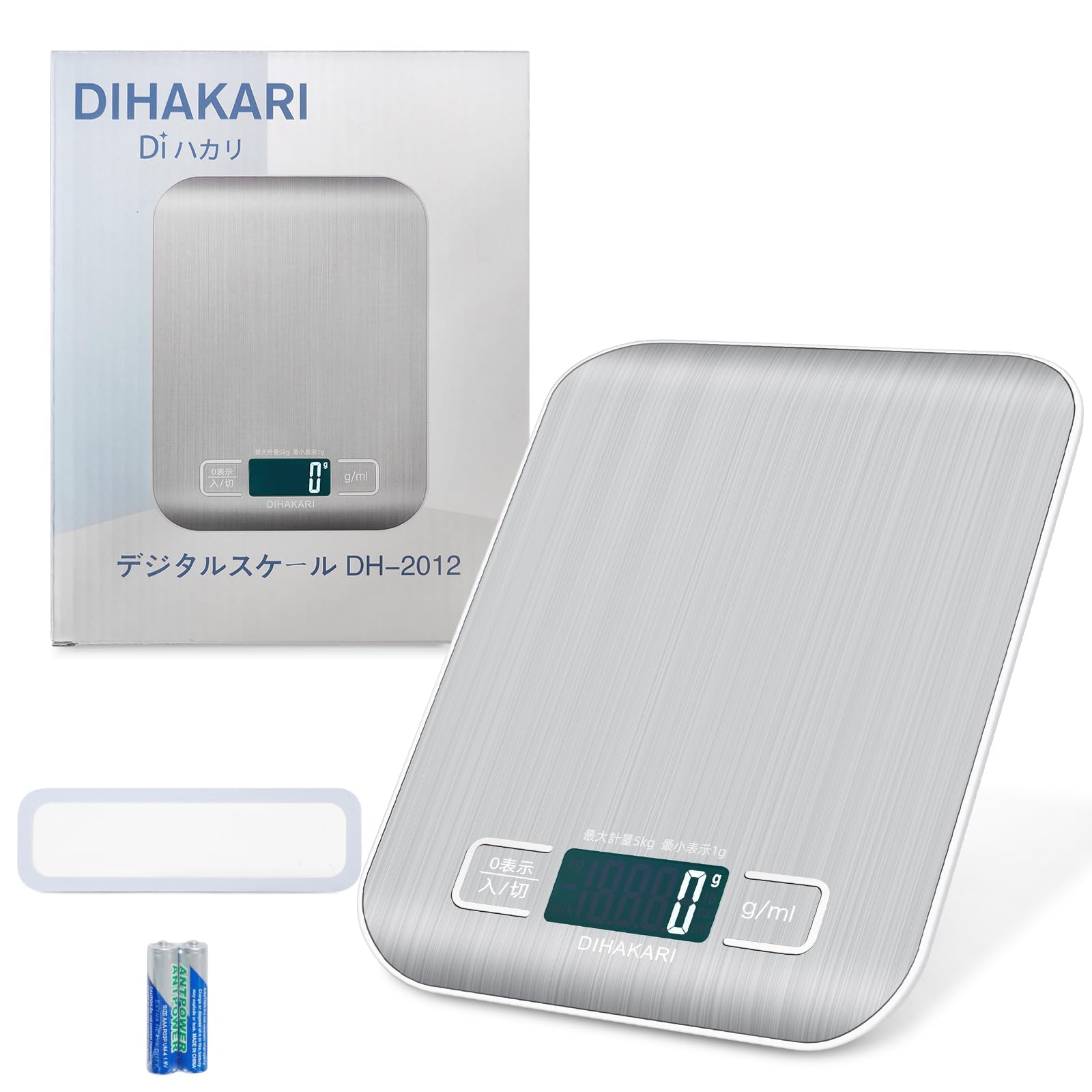 DIHAKARI Digital Scale, Waterproof Seal, Measuring Instrument, 1g Precision, 11 lbs (5kg), Electronic Scale, Grams, ml, Cooking Scale, Stainless Steel, Kitchen Scale, Water-resistant Surface, Compact 