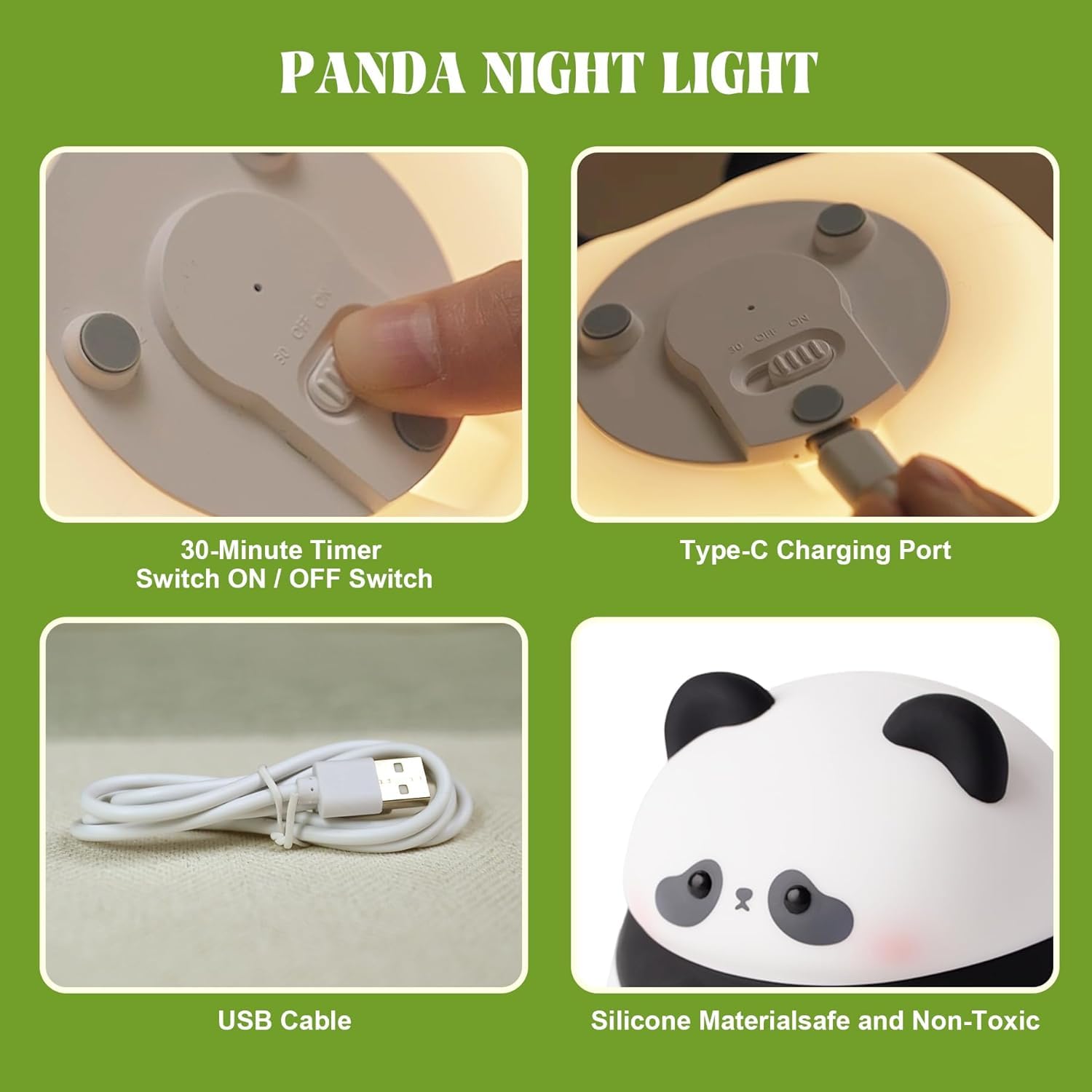 DEZICON Kids Night Light Silicone Sitting Panda Night Lamp Rechargeable Cute Lamp with 3 Level Brightness Kids Night Lights for Bedroom Baby Nursery Study Desk Decorative Diwali Christmas Light 2