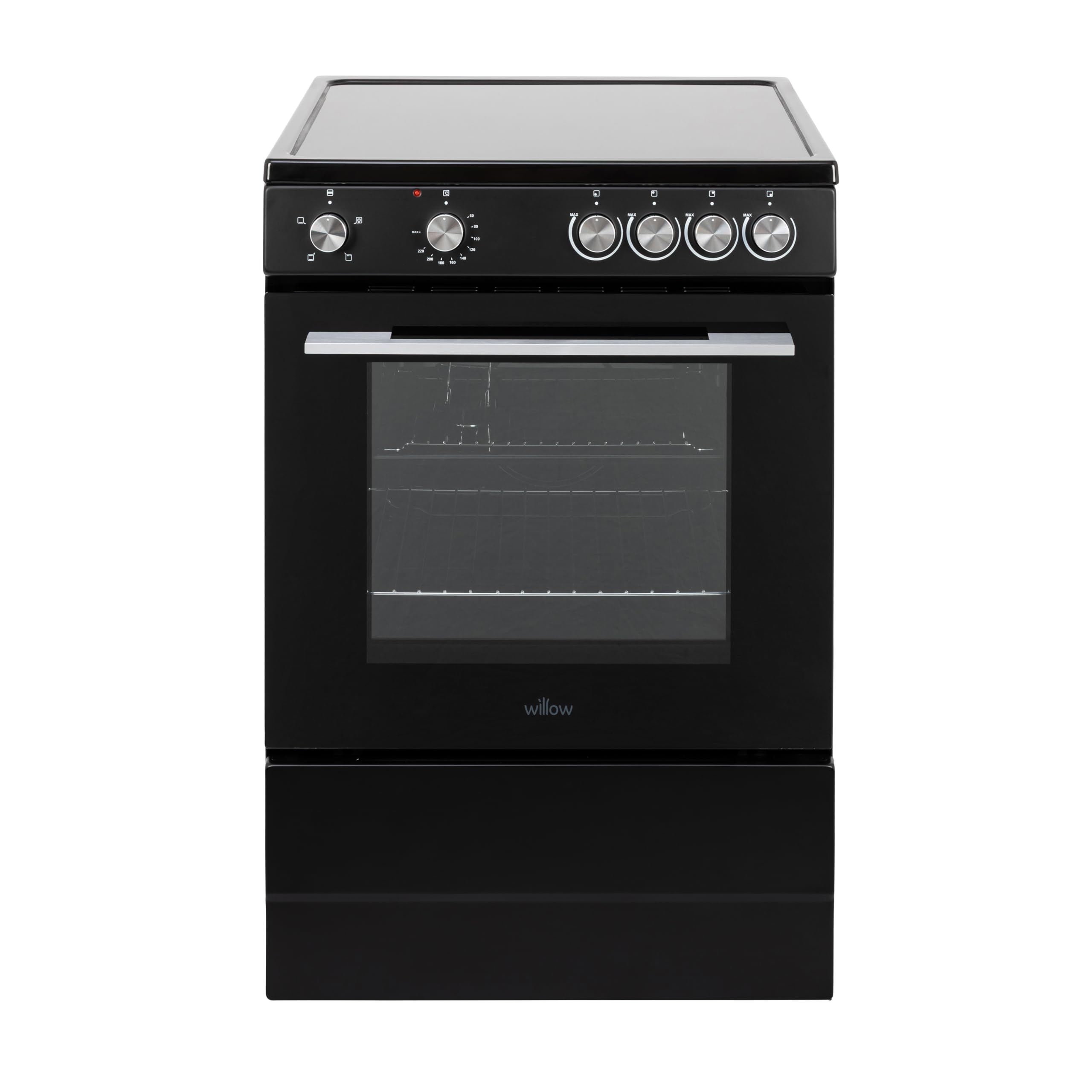 Willow W60CCBLK 68L Freestanding Electric Single Cavity Cooker with 4 Ceramic Hobs, Oven Light, Control Knobs, Easy Clean - Black