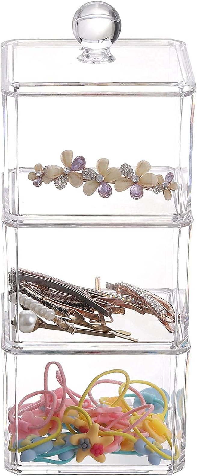 Tecbeauty 3pcs Stackable Bathroom Canisters Hair Ties Accessory Storage Cotton Ball Rounds Pads Organizers Holder, Clear