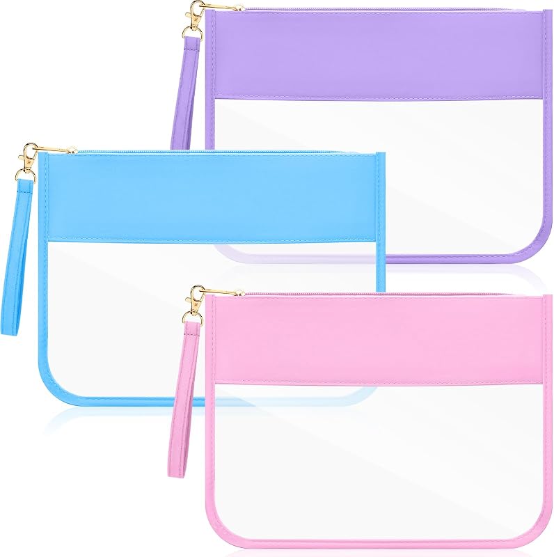 Sanwuta Necessaire de maquiagem transparente, plana, com zíper e alça de pulso, rosa, azul e roxa — Pacote com 3
