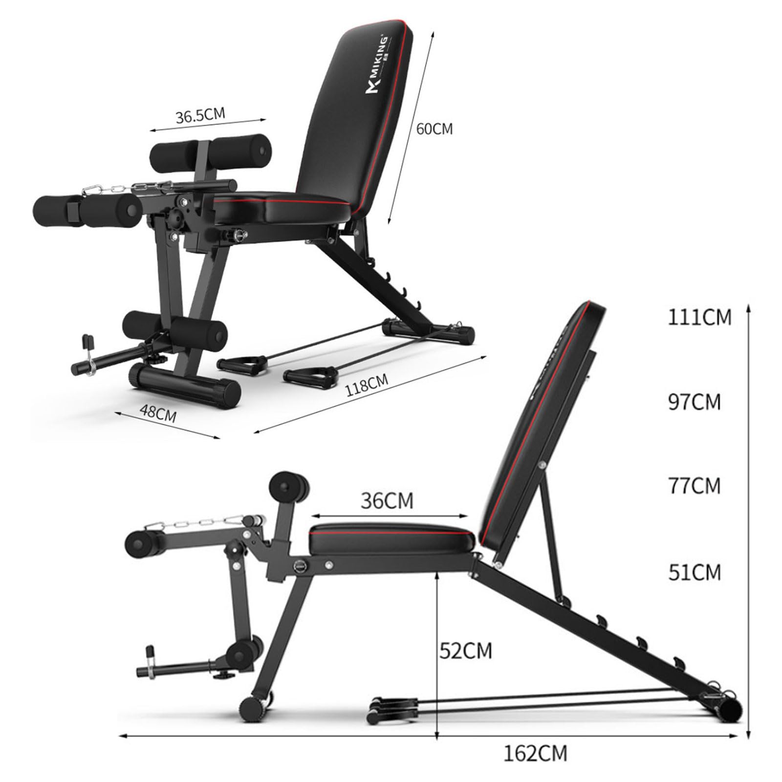 Banc de Musculation 200Kg Capacité de Poids Banc de Musculation Complet avec 5 Positions Ajustables & 2 Sangles D'Entraînement