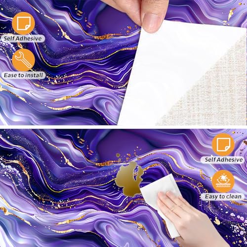 Image of Nuxovilar Blue Purple Gold Foil Marble Wallpaper Peel Stick 15.75x39.37