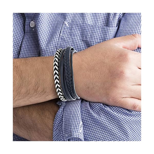 Steve-Madden-Stainless-Steel-Blue-Leather-Twisted-Curb-Chain-Stackable-Bracelet-for-Men Steve Madden Stainless Steel Blue Leather Twisted Curb Chain Stackable Bracelet for Men