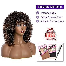 YEAME Curly Wigs for Black Women - Curly Afro Wig with Bangs Ombre Brown Mixed Color Synthetic Heat Resistant Full Wigs with 1 Wig Comb and 4pcs Wig Caps