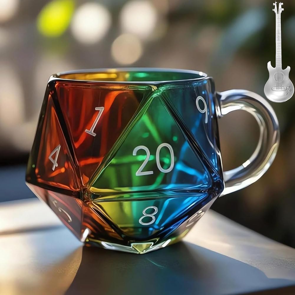 Rainbow D20 Dice Mug, Polyhedral Dice Coffee Cup with Handle, Transparent Glass Game Mug for RPG Lovers, Game Theme Drinkware for Enthusiasts (Rainbow,2pcs)