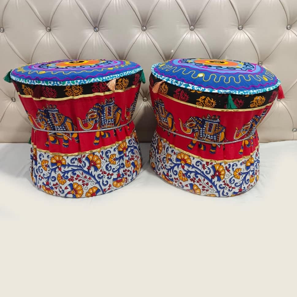 jagdmba handicrafts Muda Cover Mandala Set of Two Footstool Bamboo Cover Multi Colour Mudda Ottoman Pouffe Cover Set of 4 Pieces Size 17x18 Inche (Cover Only) 2