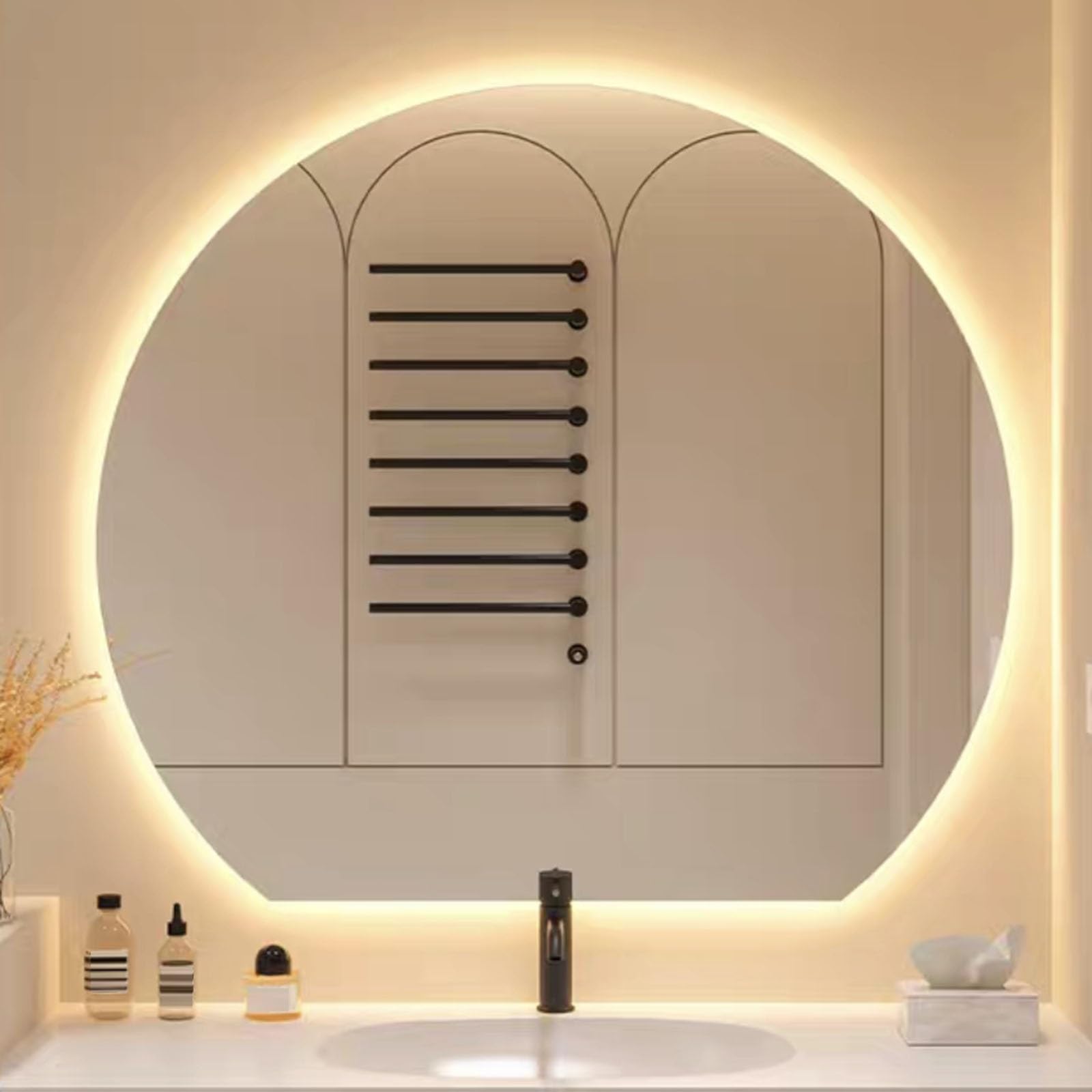 Espejo de baño LED con luz regulable de 3 colores, sin marco, diseño decorativo, forma semicircular, 50 x 45 cm, 60 x 54 cm, 70 x 63 cm, 80 x 72 cm, 90 x 81 cm, corte hacia abajo a la izquierda