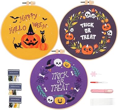 YEESAM ART 3 Pack Embroidery Kit with Halloween Patterns, Full Set DIY Embroidery Cross Stitch Kits for Adults Beginners Needlework Sewing 3 Pack