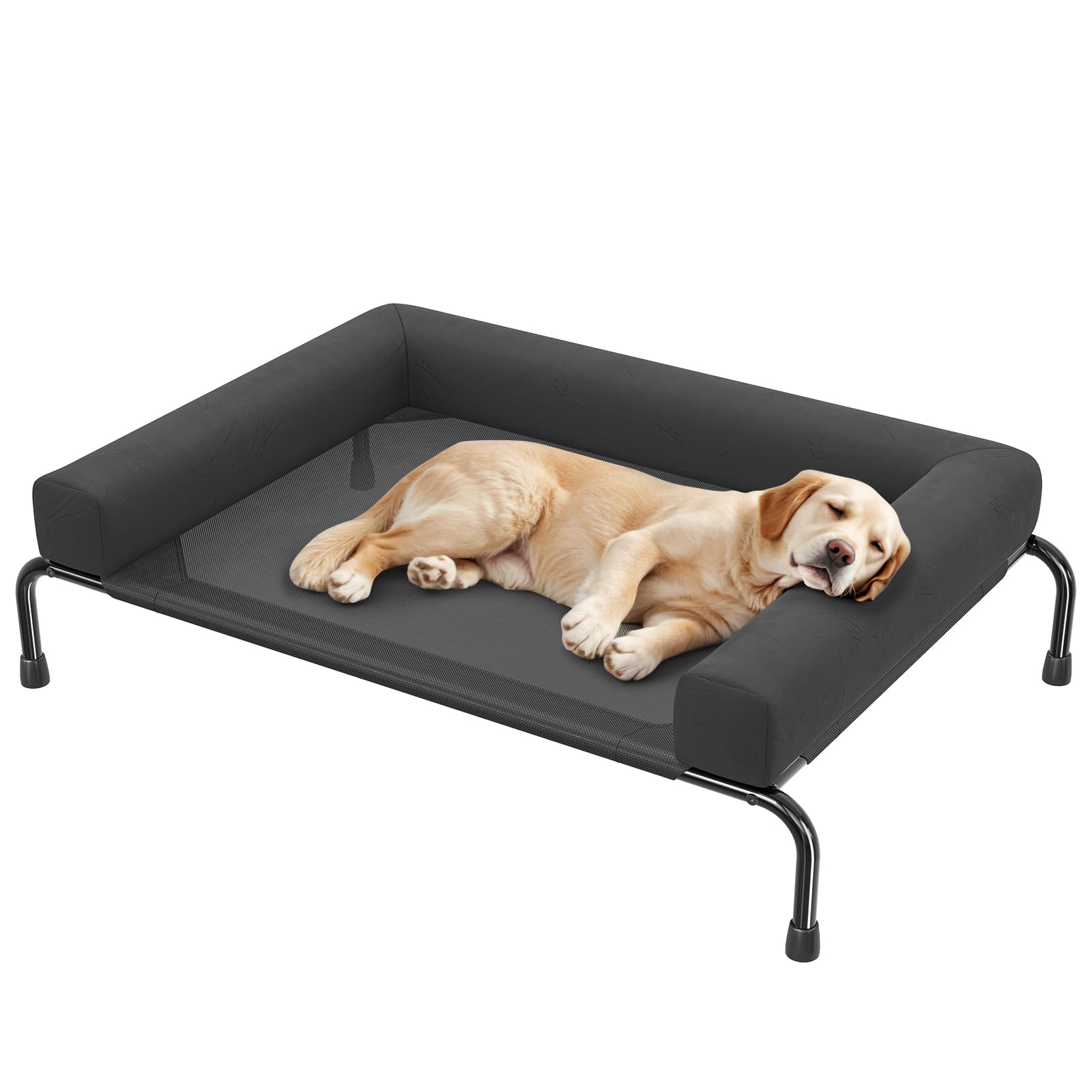 Simple Trending Elevated Dog Bed for Large Dogs, Cooling Raised Dog Cot with Bolsters, Breathable Pet Bed for Outdoor, 47.75" x 31", Black