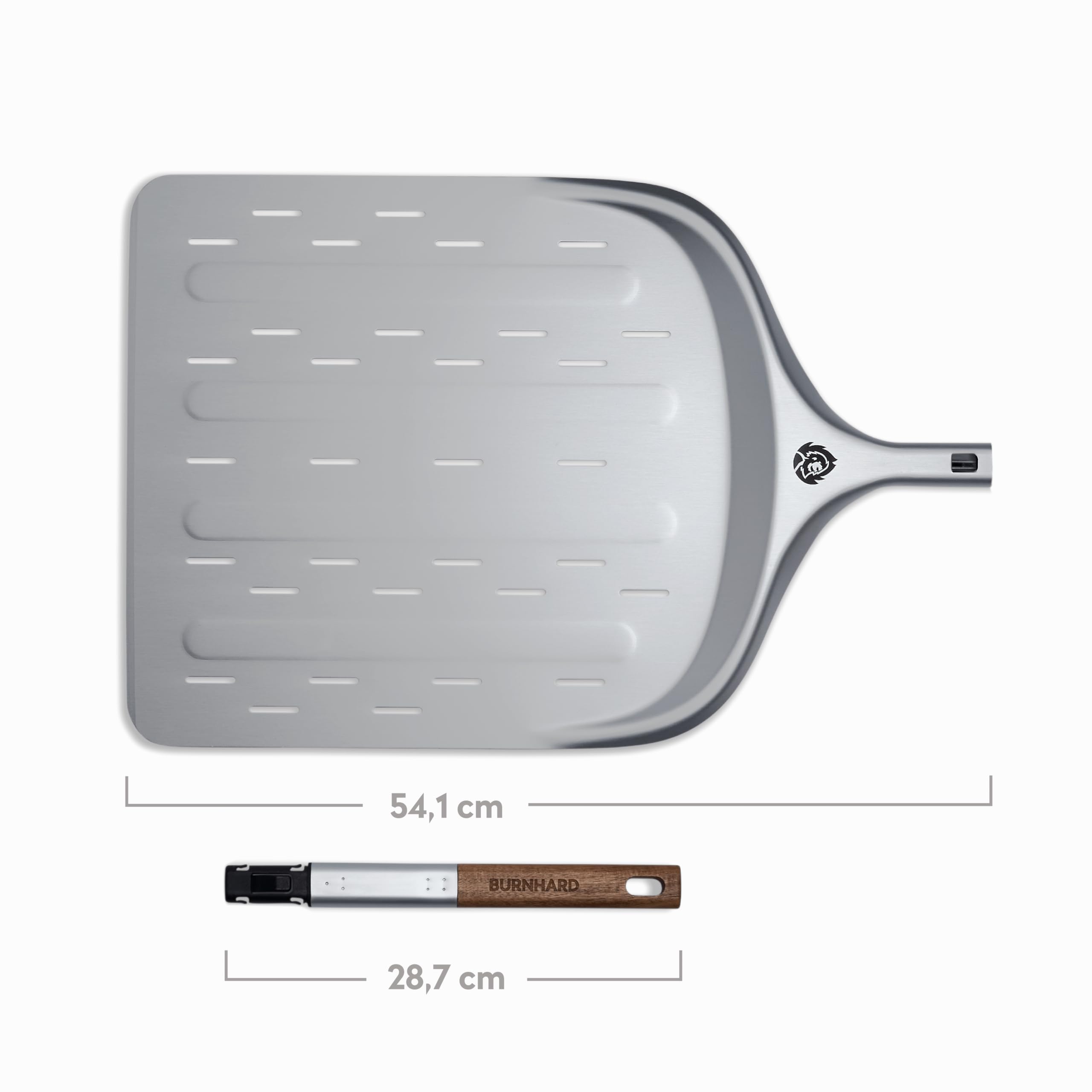 Pelle à pizza BURNHARD® perforée, aluminium anodisé, manche en bois d'acacia, connexion enfichable, 29 cm & 36 cm, compatible avec fours à pizza TONY & Fat TONY – Pelle Deluxe