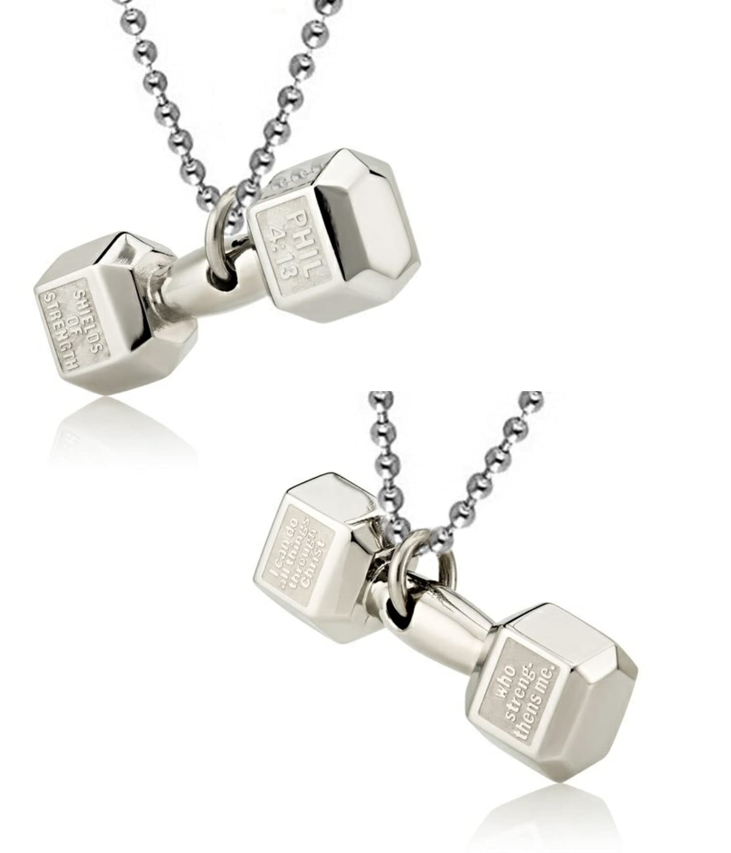 De-Ultimate (Set Of 2 Pcs) Metal Silver Phil 4:13 By Shields Of Strength Weightlifting Fitness Gym Bodybuilding Sports Frosted Dumbbell Barbell Locket Pendant Necklace With Chain For Boy's And Girl's