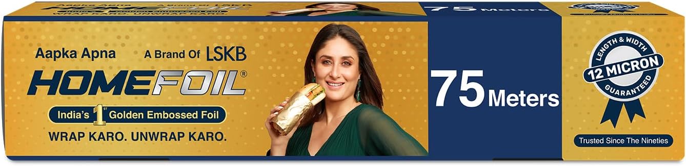 - HOMEFOIL 75 Meters Golden Embossed Converted Aluminium Foil | 12 Micron Thickness | Keeps Food Fresh Always | Perfect for Food Wrapping, Packing, Storing and Serving