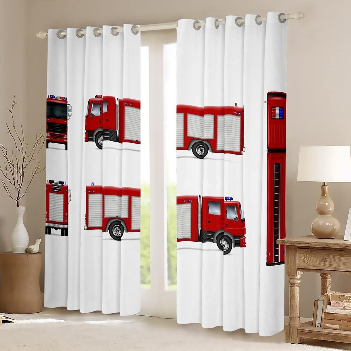 Verdunkelungsvorhänge mit Cartoon-Feuerwehrauto-Motiv, Feuerwehr-Fenstervorhänge, rote Vorhänge, Dekoration für das Schlafzimmer (BxH/2x180x160cm)