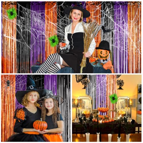 Image of 4 Packs Halloween Foil Fringe Curtain, Orange Black and Purple Metallic Tinsel Backdrop for Birthday, Baby Shower, Bachelorette, Halloween Party Decorations Favors Supplies Indoor Outdoor